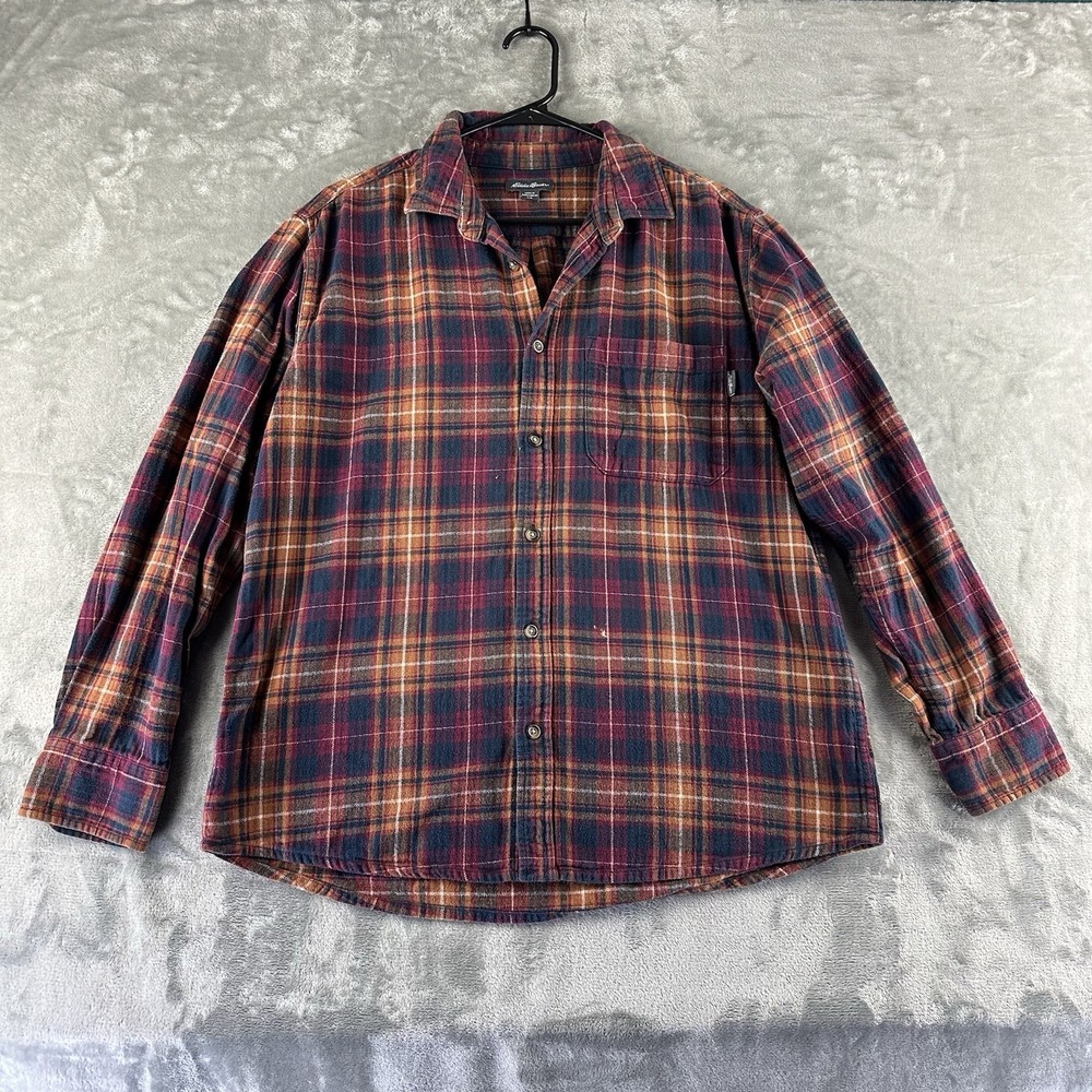 Eddie Bauer Button Up Flannel Shirt Men's L Red Orange Bristol Plaid 100% Cotton